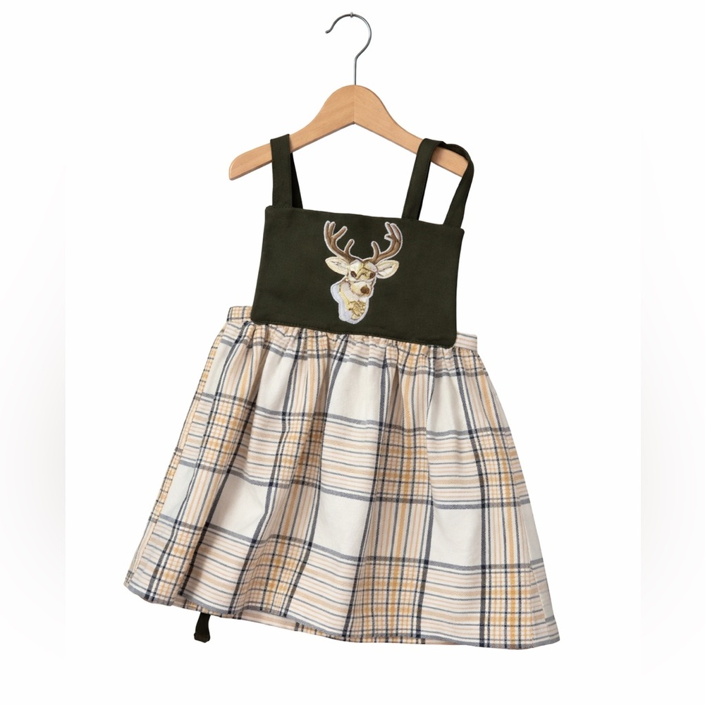 Handmade Small Shop Pinafore. Olive green bib. Excellent Condition. Size 2